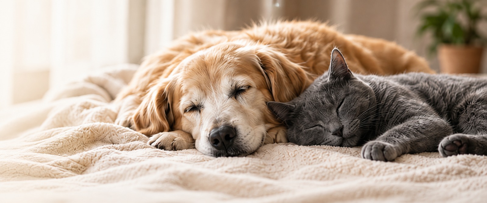 Hund und Katze liegen entspannt gemeinsam auf einem Bett