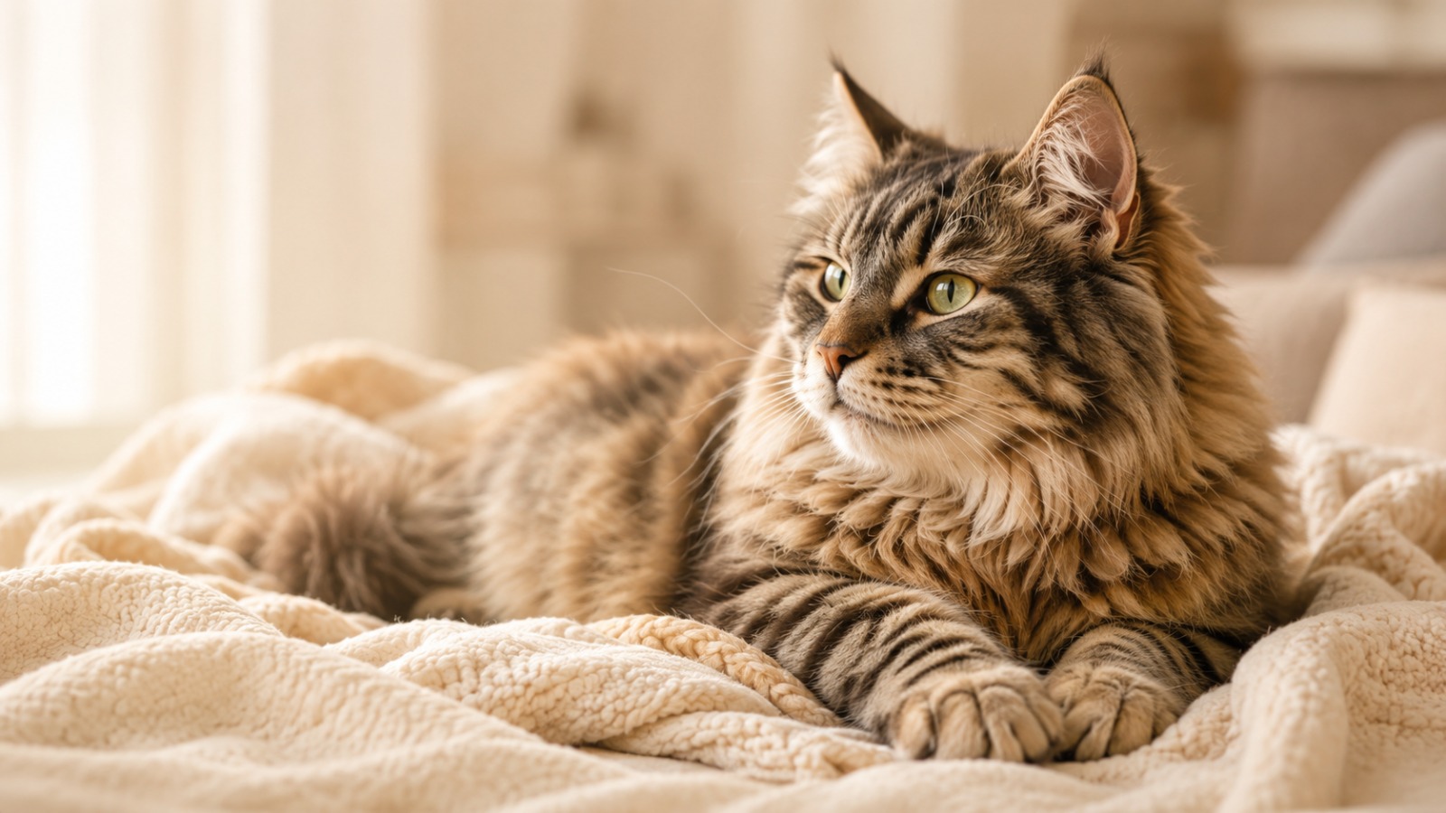 Katze liegt entspannt auf einem Bett