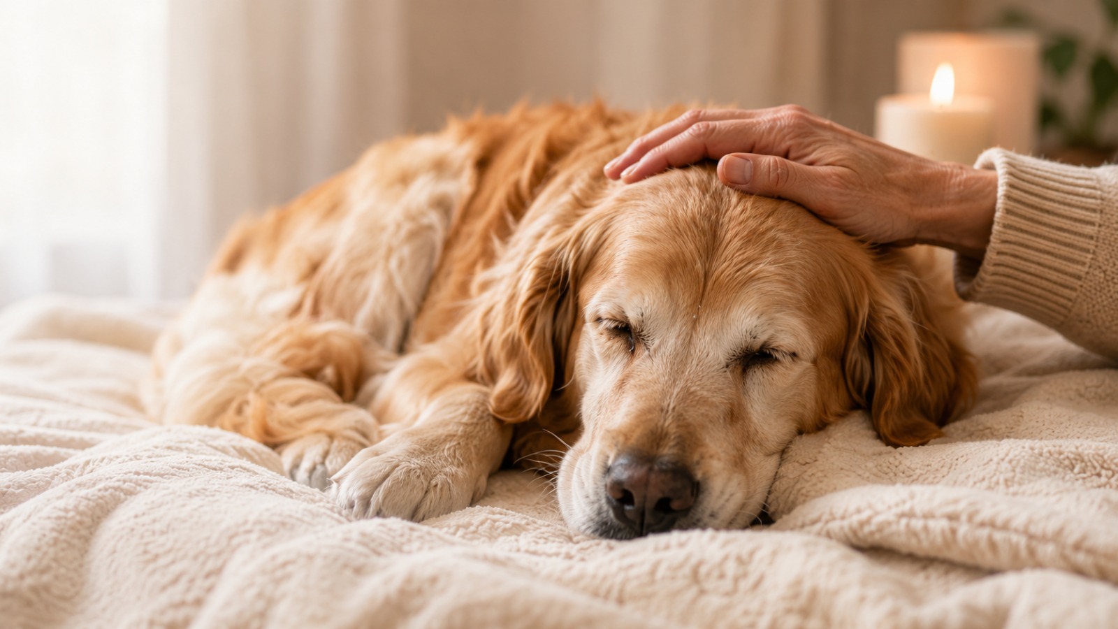 Ruhender älterer Hund wird zu Hause behutsam gestreichelt