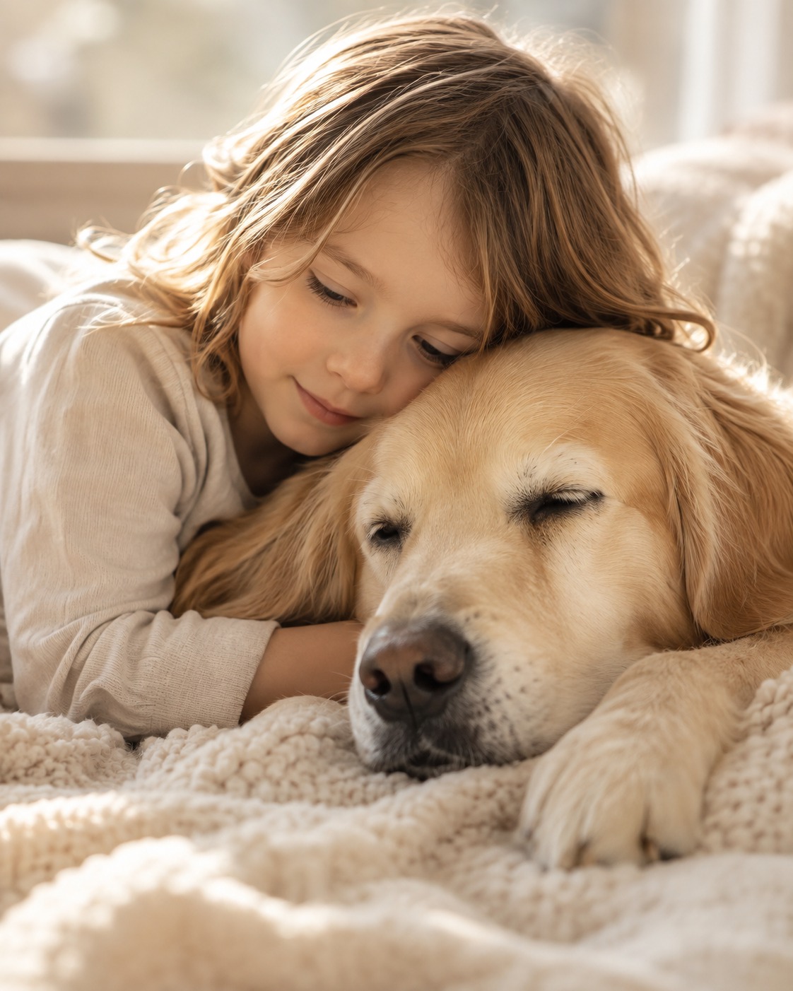 Kind liegt geborgen neben einem ruhenden Hund